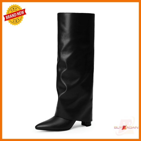 Knee High Boots Women 3.5 Inch Chunky Heel Pointed Toe Zipper Tall Boots